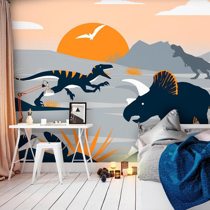Fototapete - Last dinosaurs with orange - abstract landscape for a room Artgeist