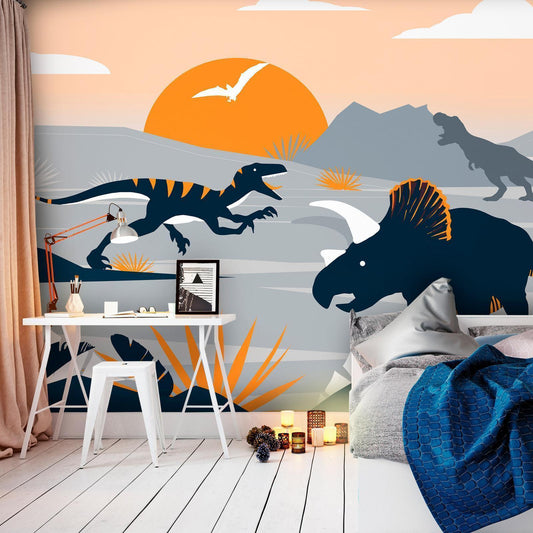 Fototapete - Last dinosaurs with orange - abstract landscape for a room Artgeist