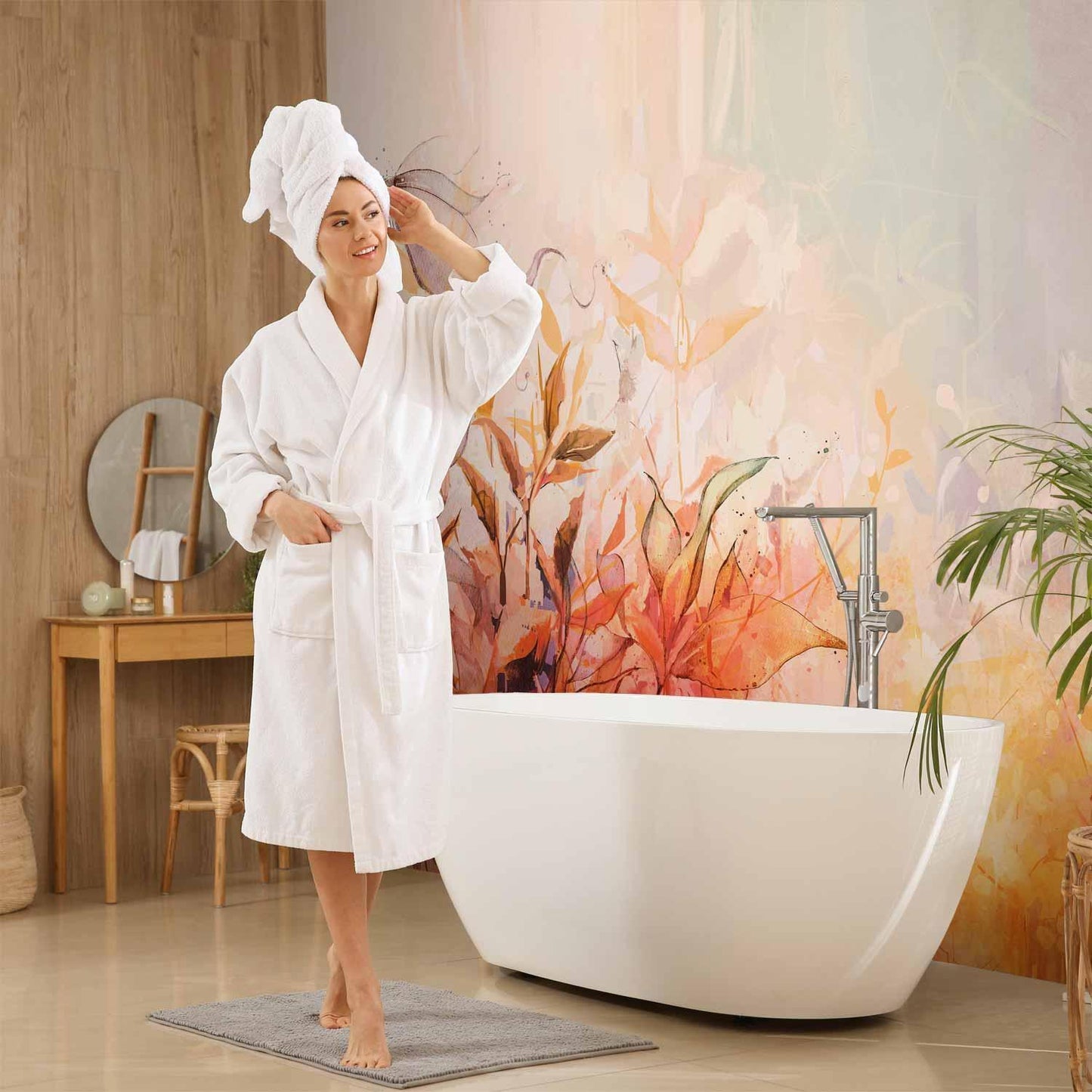 Fototapete - Flaming meadow - nature landscape with meadow of flowers and leaves in watercolour style