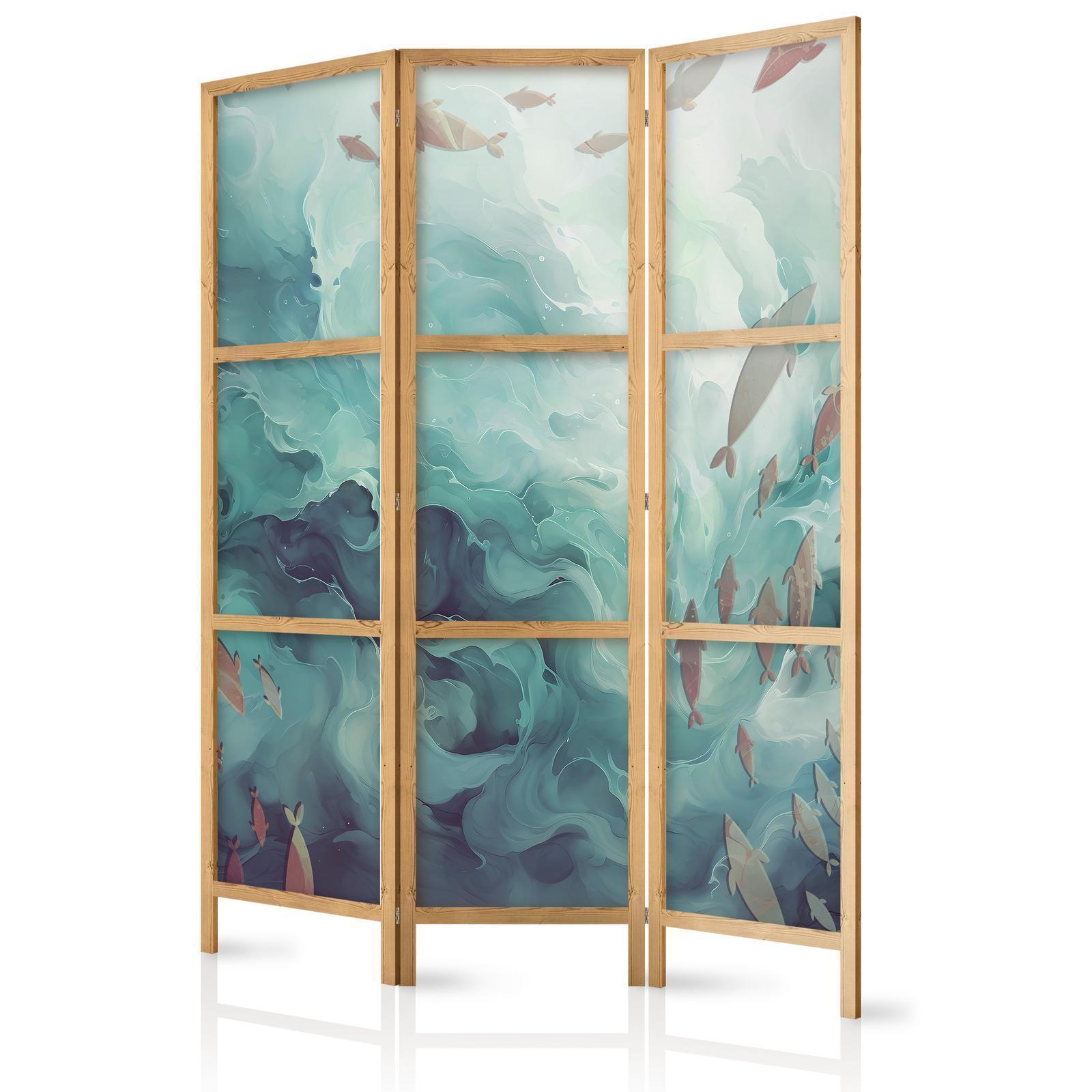 Japanischer Paravent - Three Schools of Fish - Fish in Muted Colors Swimming in Groups in Oceanic Depths Artgeist