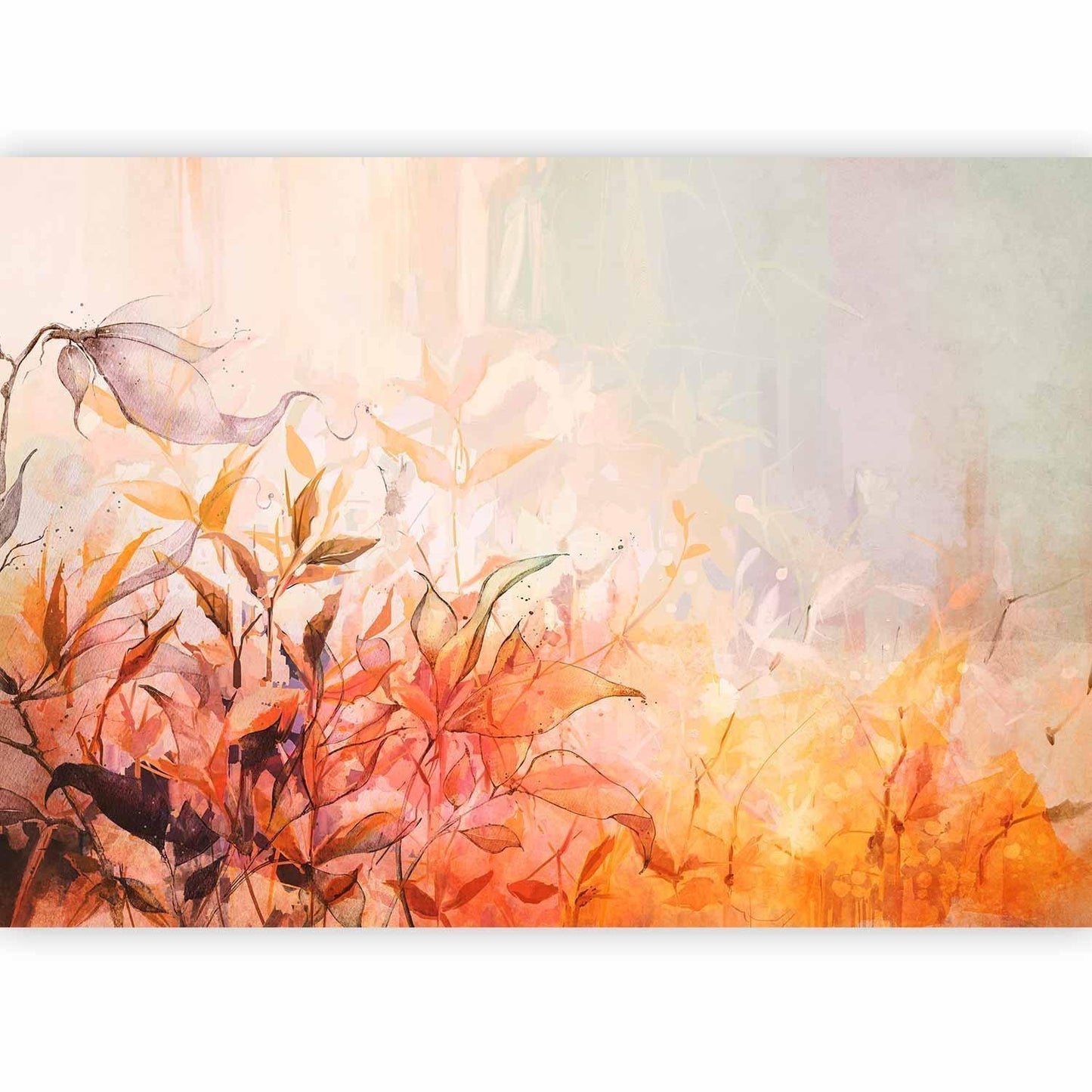 Fototapete - Flaming meadow - nature landscape with meadow of flowers and leaves in watercolour style Artgeist
