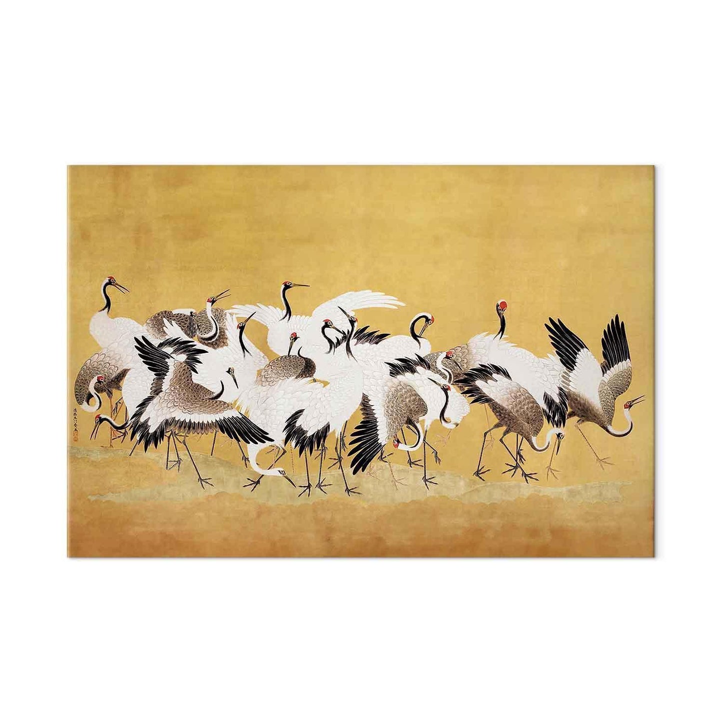 Wandbild XXL - Japanese cranes - a flock of birds against a golden background based on a painting by Ishida Yūtei