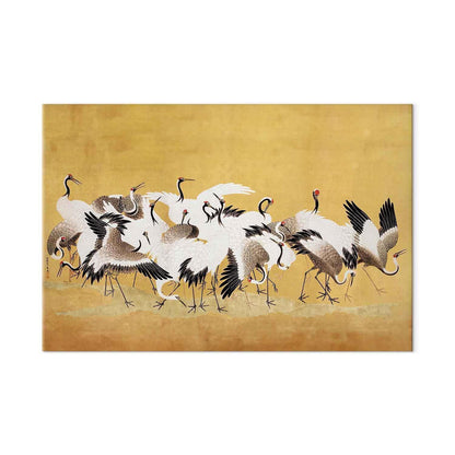 Wandbild XXL - Japanese cranes - a flock of birds against a golden background based on a painting by Ishida Yūtei