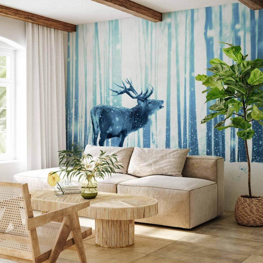 Fototapete - Winter animals - deer motif on a forest background in shades of blue Artgeist