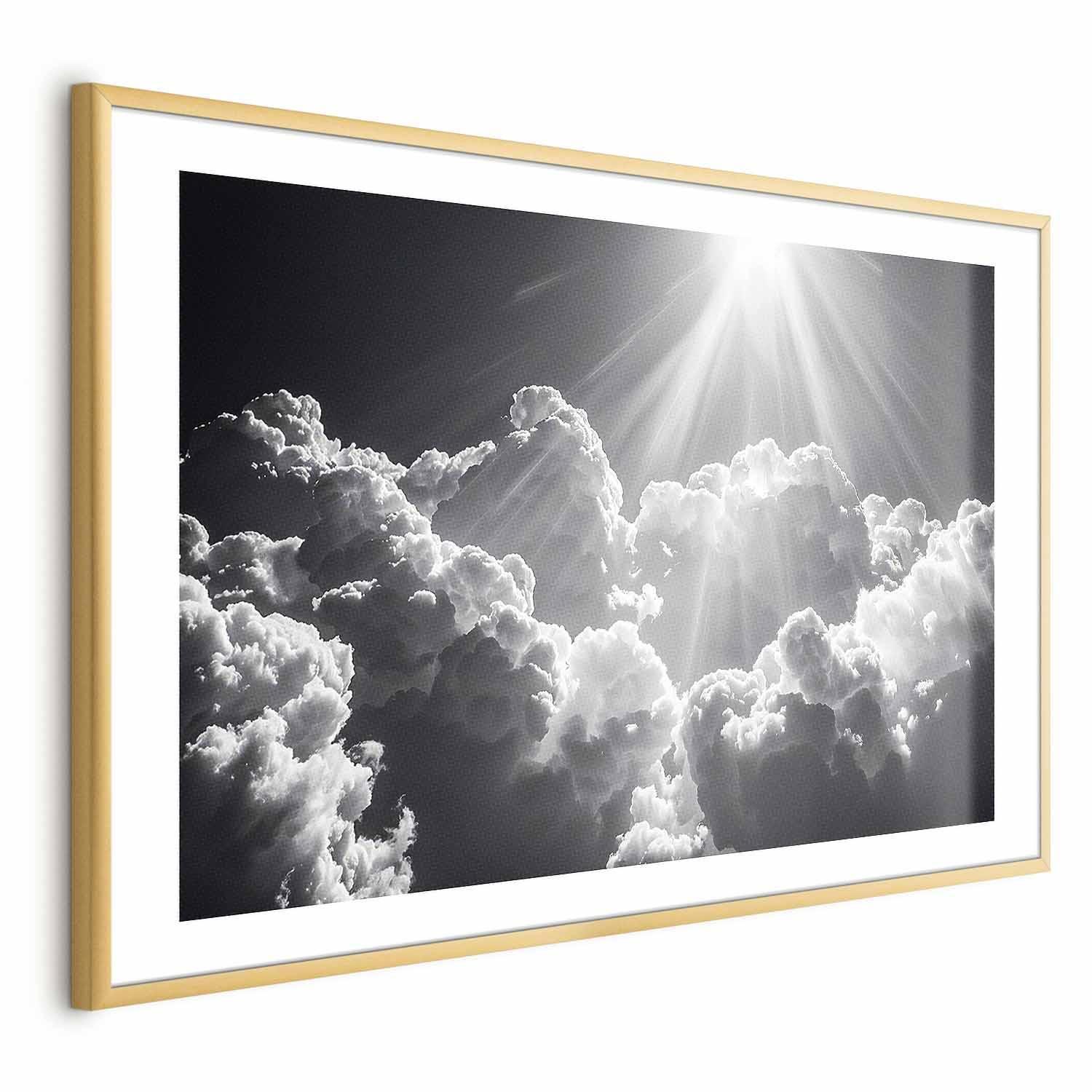 Wanddeko Sonnenstrahlen durch Wolken – Hoffnung in Schwarz-Weiß