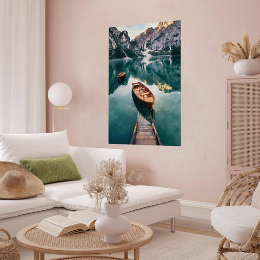 Poster of boats on a serene lake in the Dolomites, enhancing interior decor.