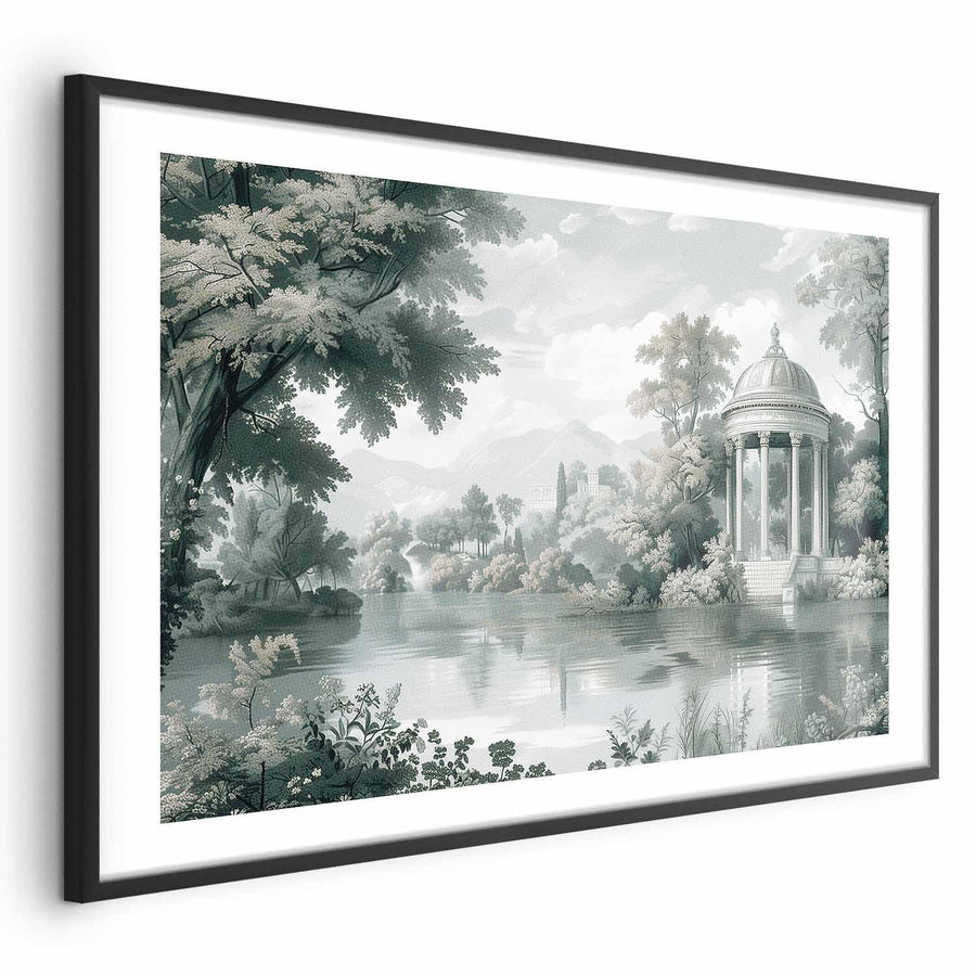 Poster featuring a retro green landscape with park and lake scenery in classic frame.