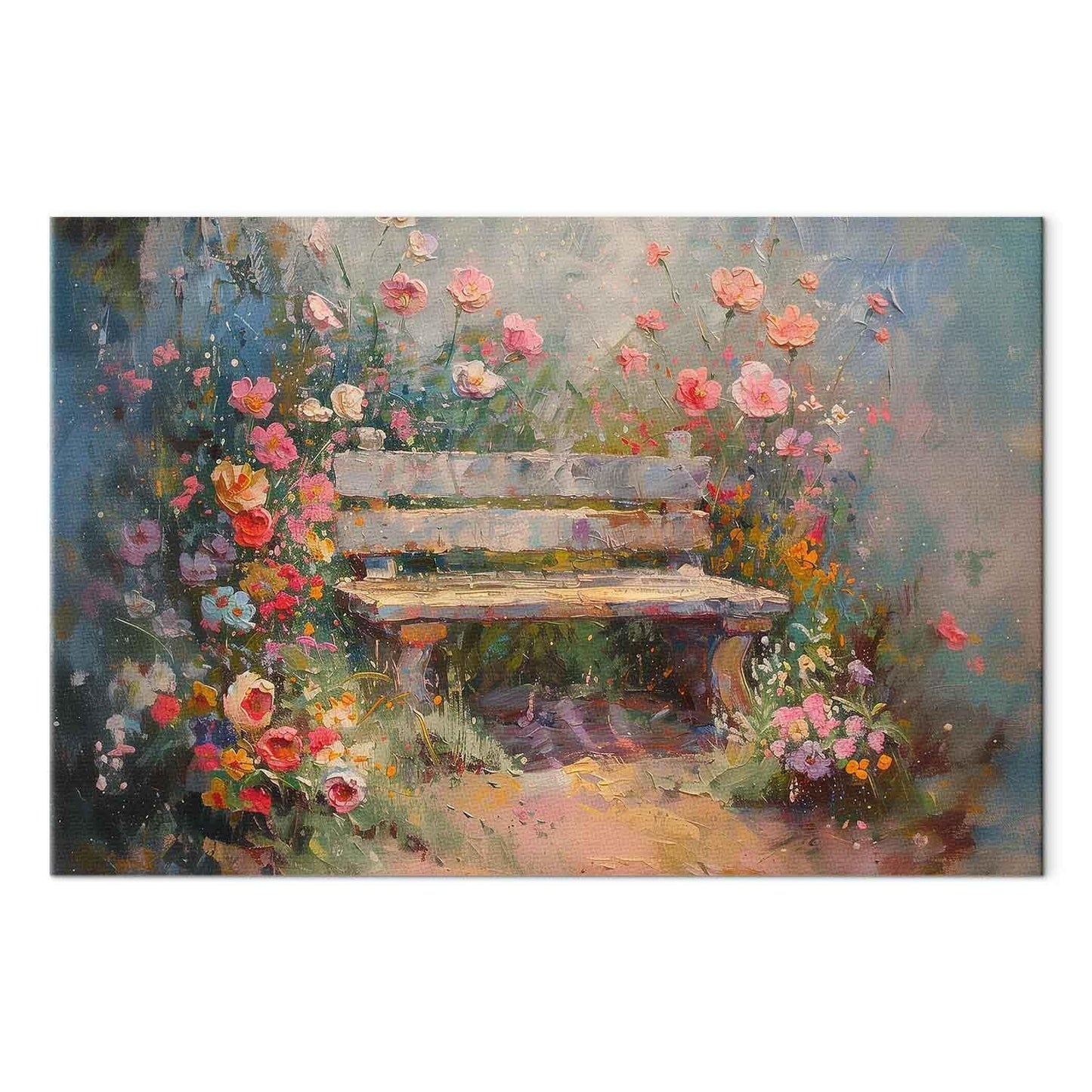 Leinwandbild - Flowery bench - impressionist painting full of flowers