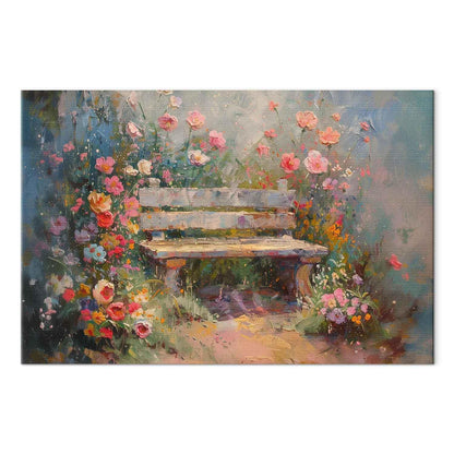 Leinwandbild - Flowery bench - impressionist painting full of flowers