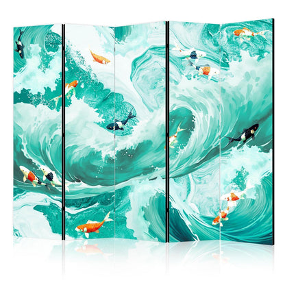 Paravent - Koi Fish Among Waves - Japanese Fish Amid Waves in Shades of Turquoise And White Artgeist