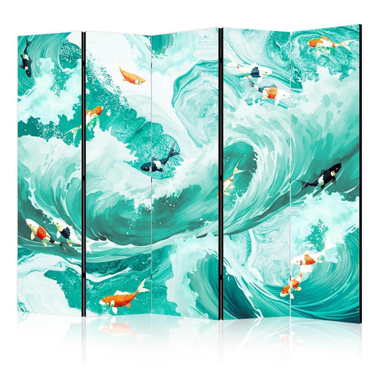 Paravent - Koi Fish Among Waves - Japanese Fish Amid Waves in Shades of Turquoise And White Artgeist