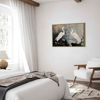 Leinwandbild - Herons and cherry blossoms - oriental-style illustration depicting birds