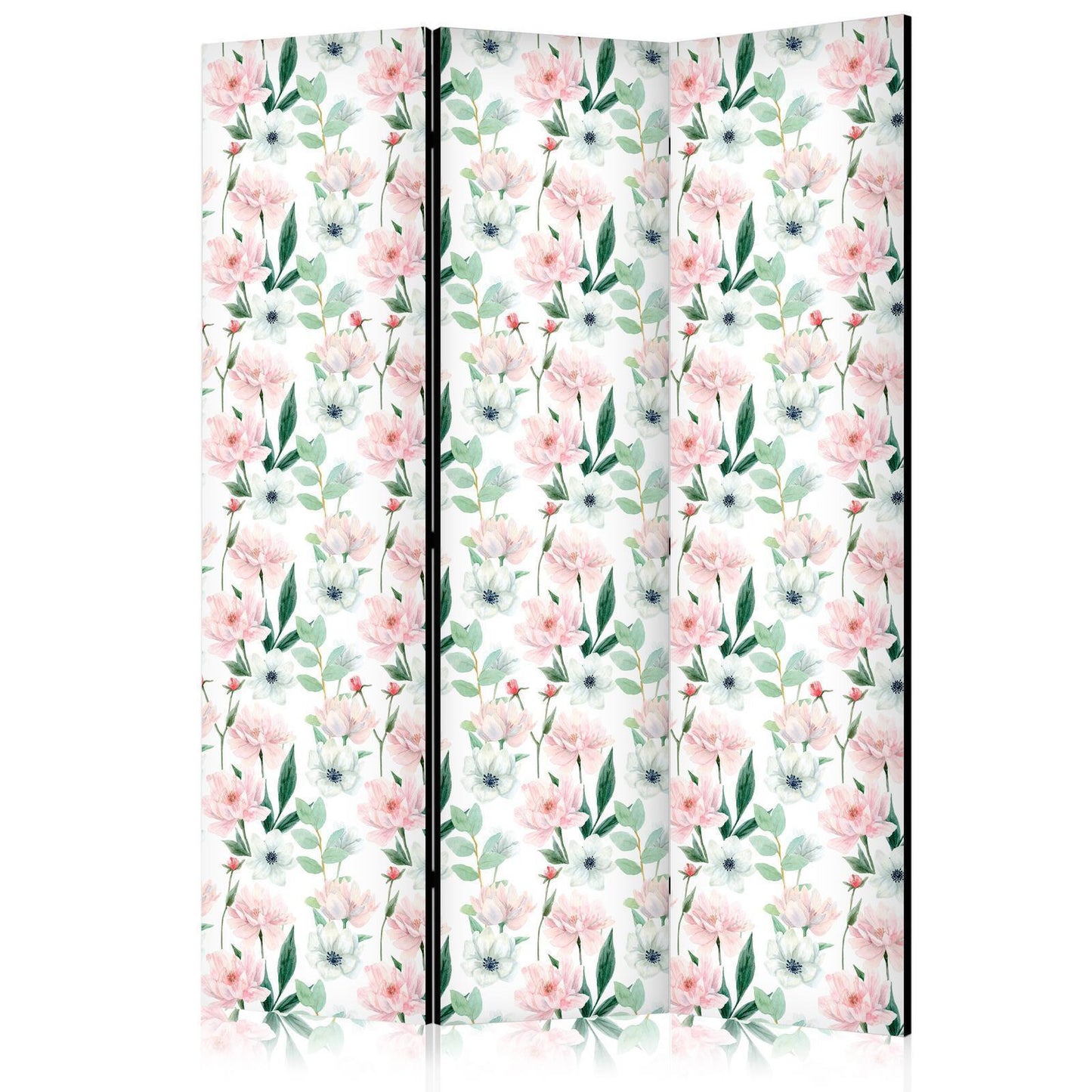 Paravent - Peonies - Pink and White Flowers and Green Leaves on a White Background