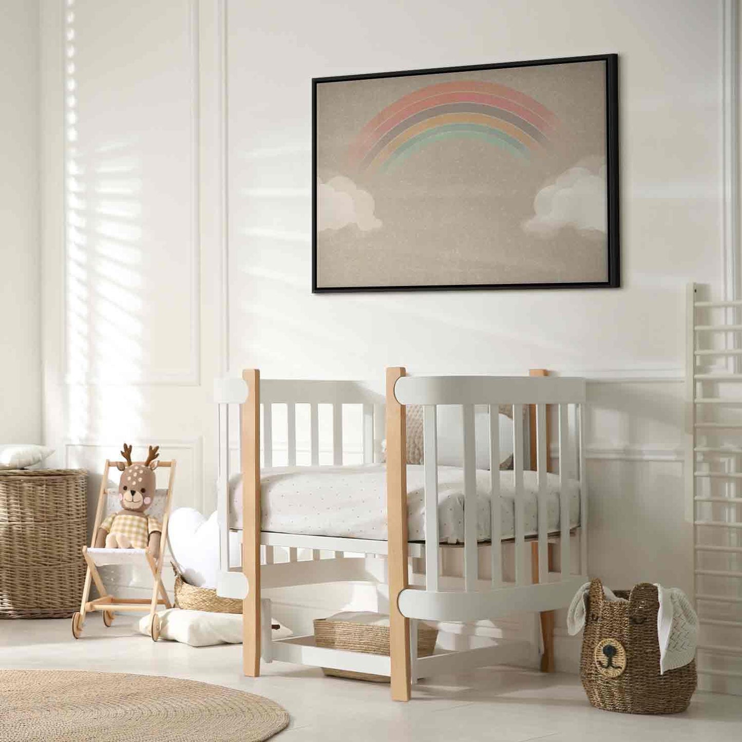 Leinwandbild - Rainy June - Colorful Rainbow Emerging from Clouds on a Bright Background