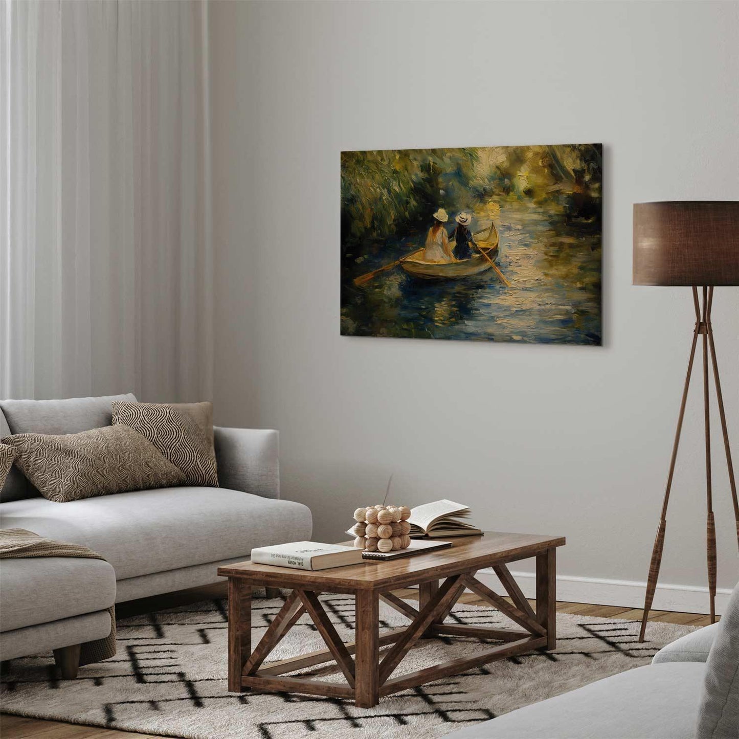 Leinwandbild - Boat crossing - painting of two women sailing a boat on a river