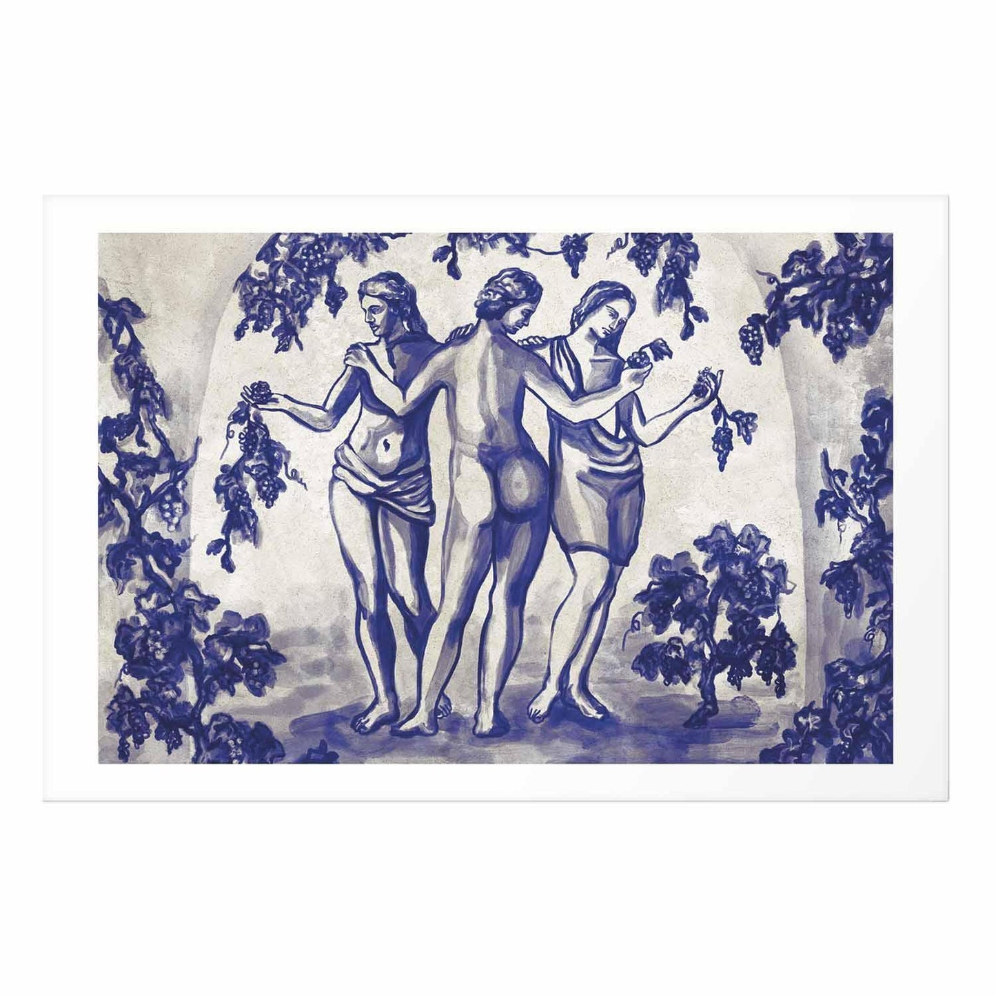 Poster - Ancient Vineyard - three women in a portal painted in blue ink