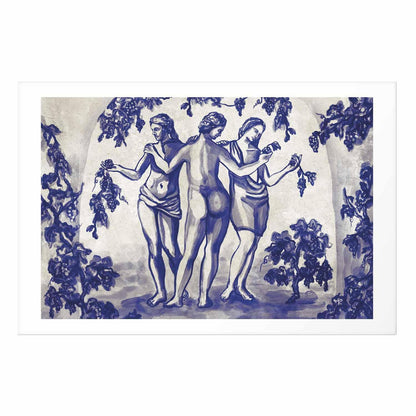 Poster - Ancient Vineyard - three women in a portal painted in blue ink