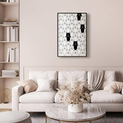 Poster "Stranger in the Flock" in living room setting, showcasing black and white abstract design.