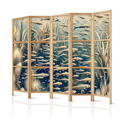 Japanischer Paravent - Life in The Ocean - Underwater World of Fish And Vegetation in Beige And Navy Colors in Retro Style Artgeist
