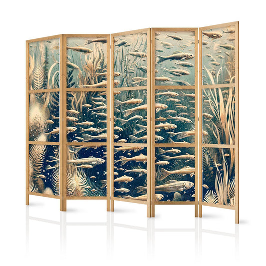 Japanischer Paravent - Life in The Ocean - Underwater World of Fish And Vegetation in Beige And Navy Colors in Retro Style Artgeist