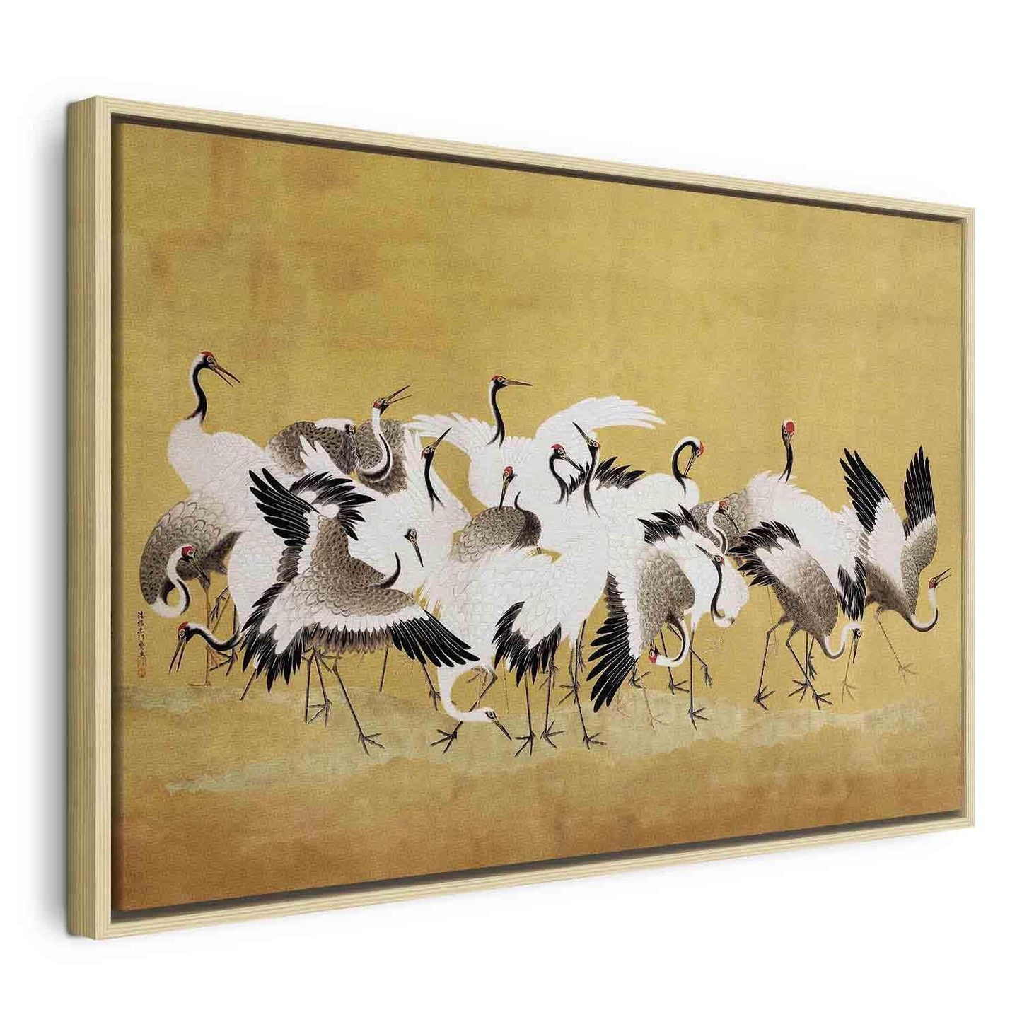 Leinwandbild - Japanese cranes - a flock of birds against a golden background based on a painting by Ishida Yūtei