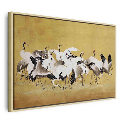 Leinwandbild - Japanese cranes - a flock of birds against a golden background based on a painting by Ishida Yūtei