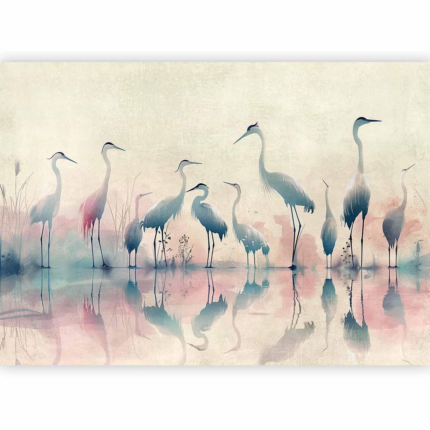Fototapete - Birds by the lake - herons painted in watercolour in delicate grey and pink colours