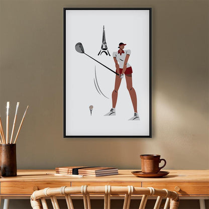 Leinwandbild - Female Golfer With the Eiffel Tower in the Background - Illustration