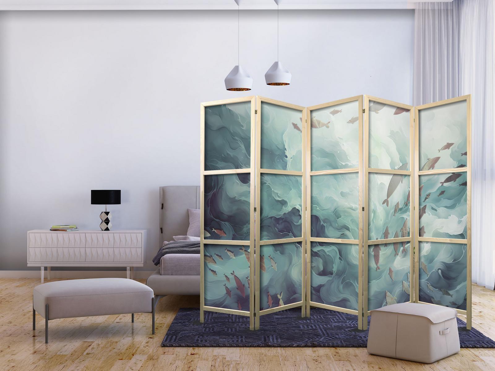 Japanischer Paravent - Three Schools of Fish - Fish in Muted Colors Swimming in Groups in Oceanic Depths Artgeist