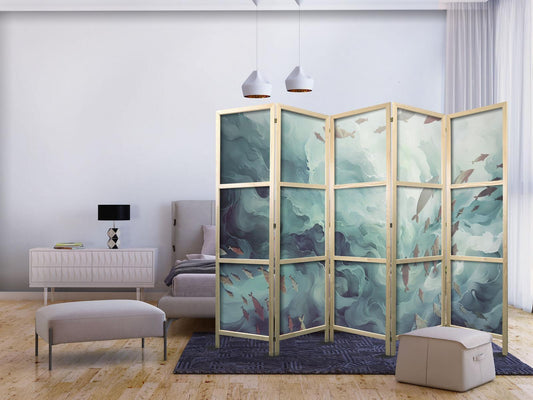 Japanischer Paravent - Three Schools of Fish - Fish in Muted Colors Swimming in Groups in Oceanic Depths Artgeist