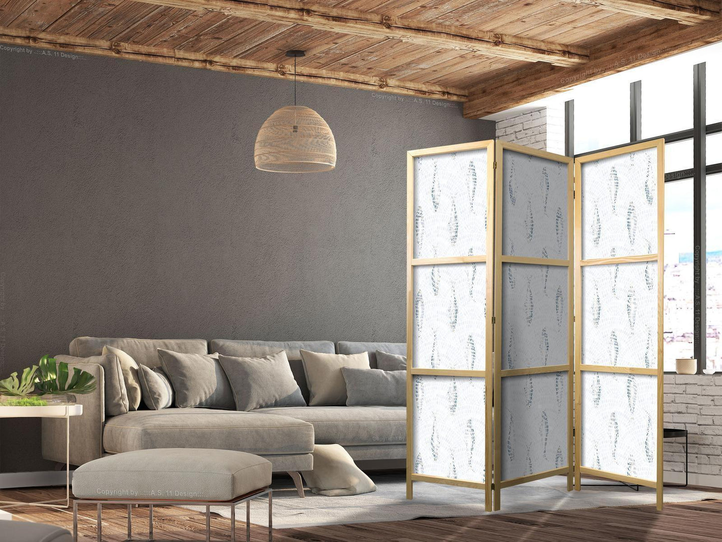 Japanischer Paravent - Delicate Blue Fish - Mosaic Fish in Subtle Blue Color Shades with an Arched Pattern in the Background