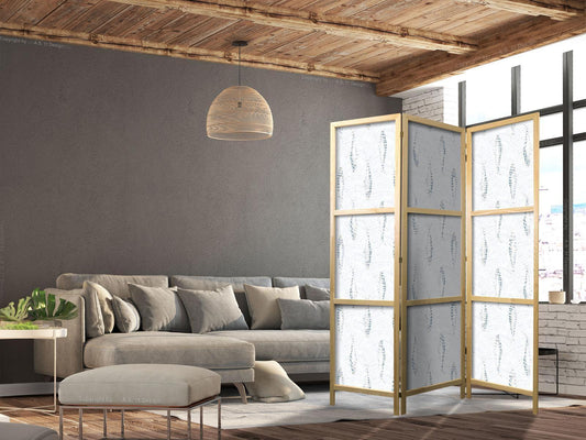 Japanischer Paravent - Delicate Blue Fish - Mosaic Fish in Subtle Blue Color Shades with an Arched Pattern in the Background