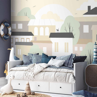 Fototapete - Yellow town - city suburb with trees and cats for children