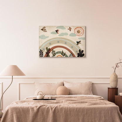 Leinwandbild - Rainbow and Sun Above - Birds in Subdued Colors Flying Among Clouds Above a Rainbow and Various Plants on a Light Background