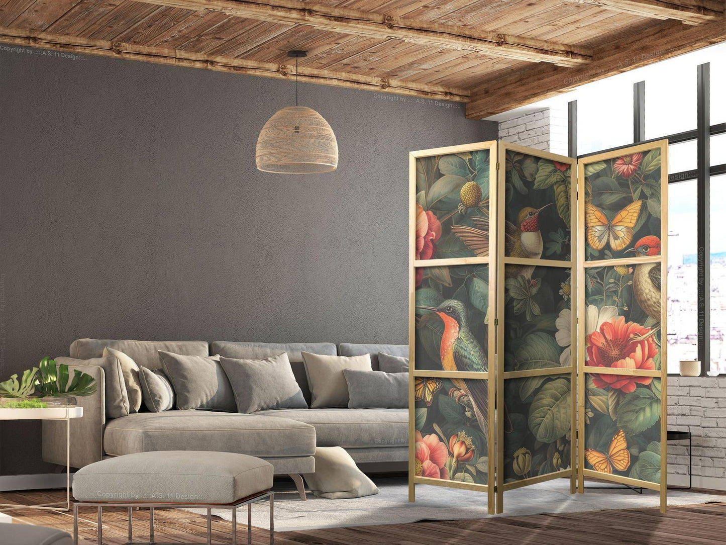 Japanischer Paravent - In the Botanical Garden - Flowers Birds and Butterflies - Colorful Illustration