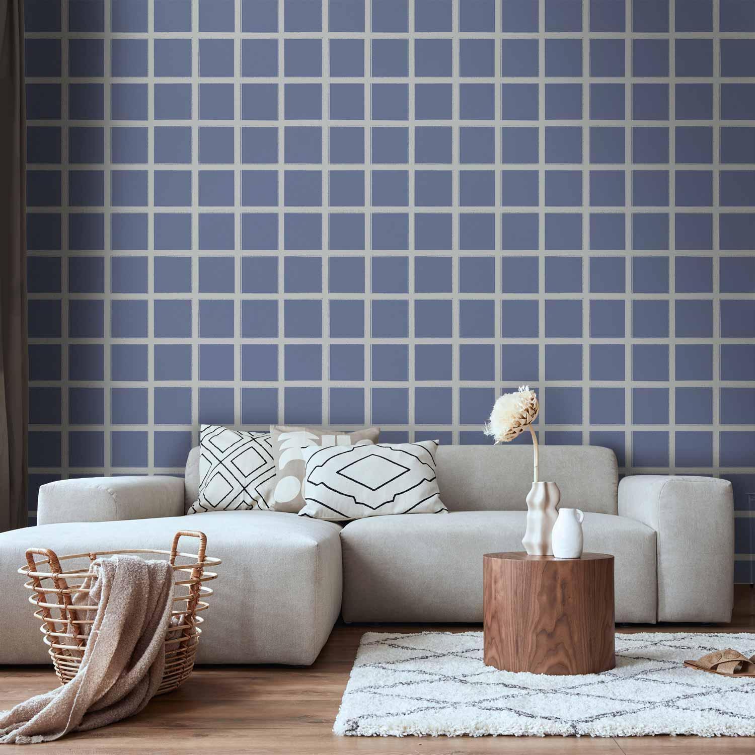 Tapete - Lines and Symmetry - Expressive White Grid on a Blue Background Artgeist