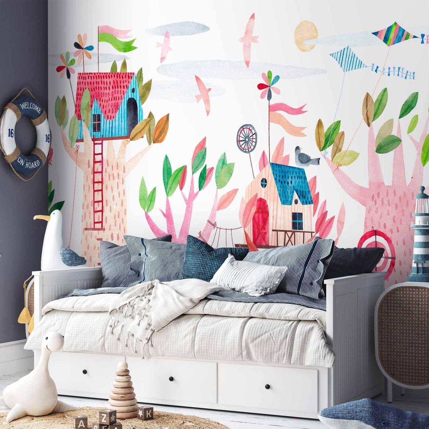 Fototapete - Painted tree houses - a colourful fantasy with kites for children