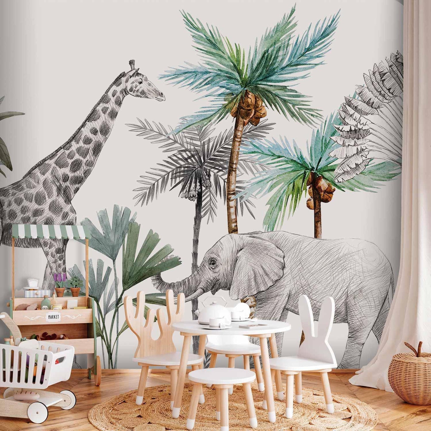 Fototapete - Jungle Animals Wallpaper for Children's Room in Cartoon Style