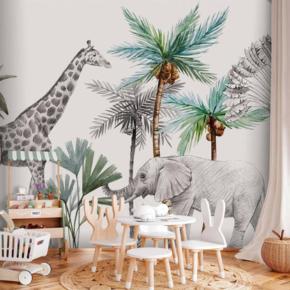 Fototapete - Jungle Animals Wallpaper for Children's Room in Cartoon Style