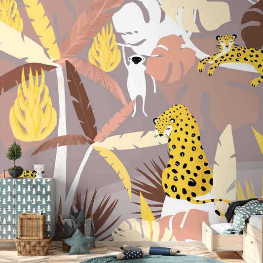 Fototapete - Cheetahs in the jungle - landscape with exotic animals with palm trees for children Artgeist