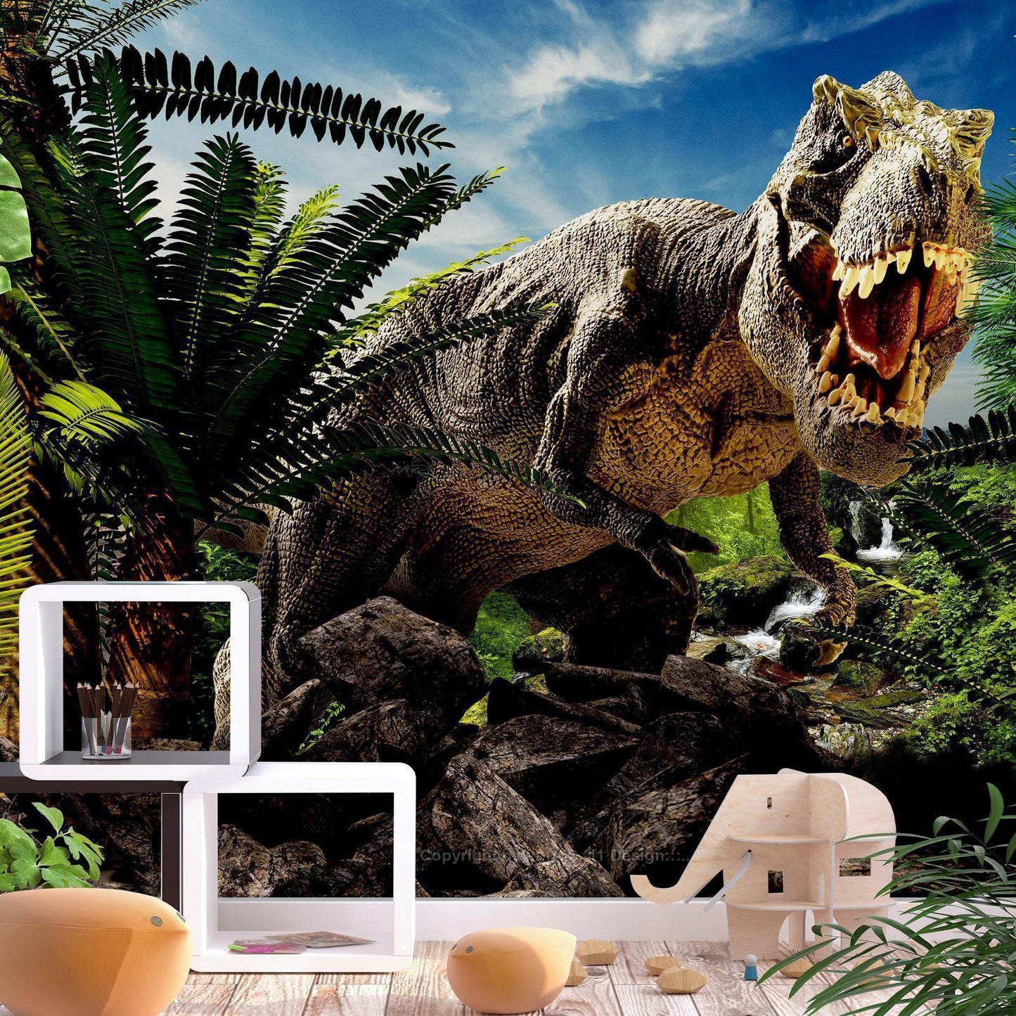 Fototapete Wütender Tyrannosaurus - Prähistorischer Gigant für das Kinderzimmer