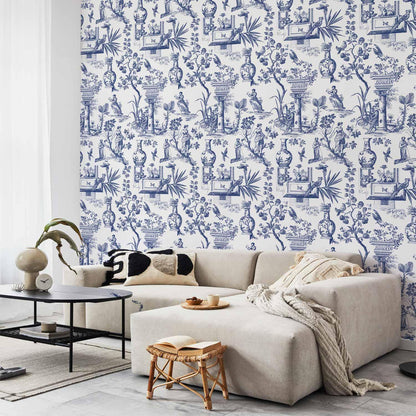 Tapete - Blue antique – a delicate pattern with Greek and botanical motifs