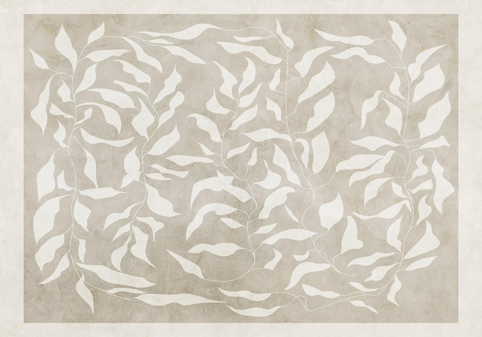 Fototapete - White leaves - abstract plant motif on beige background with frame Artgeist