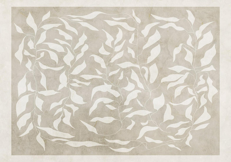 Fototapete - White leaves - abstract plant motif on beige background with frame Artgeist