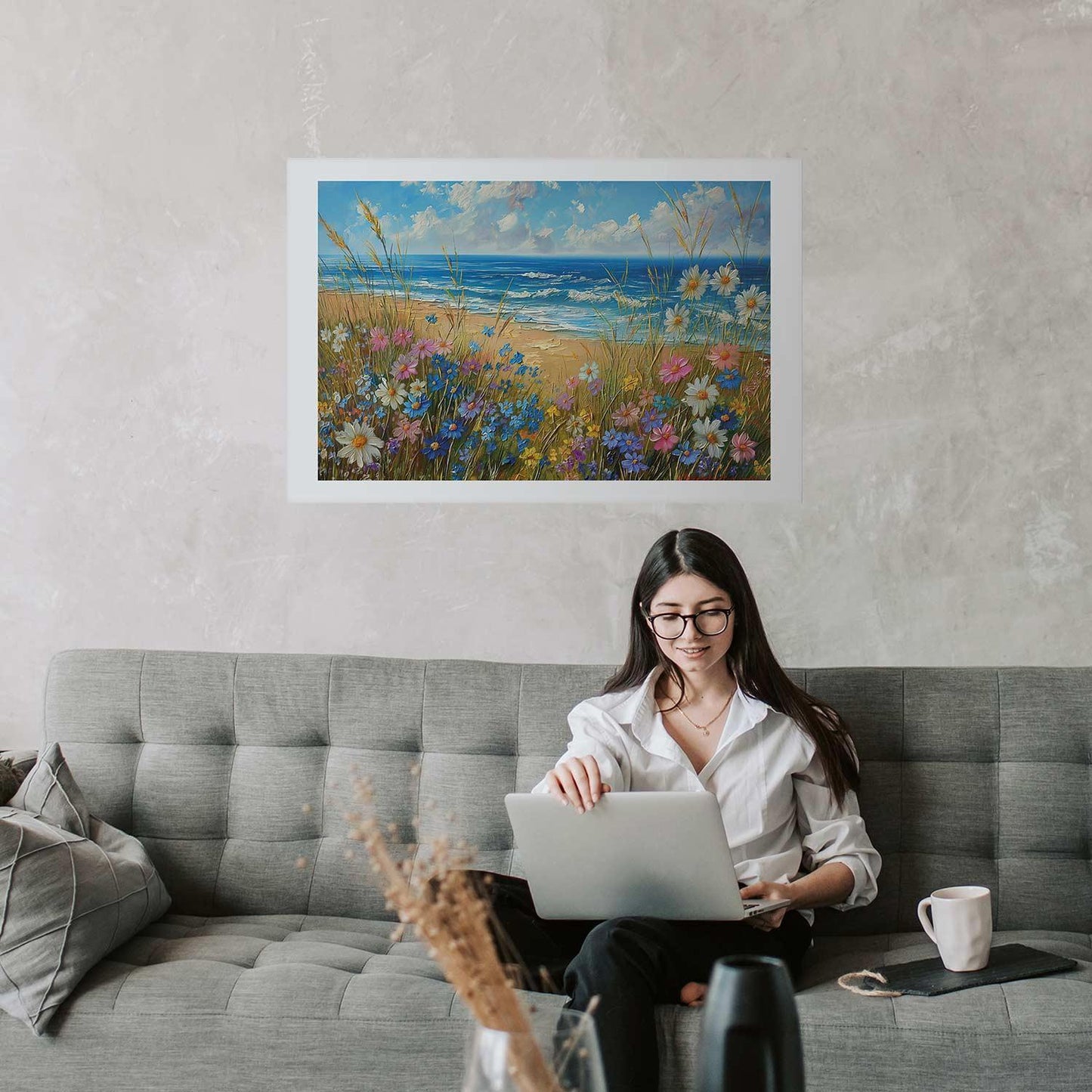 Poster - Seascape – wildflowers and a view of the rough sea