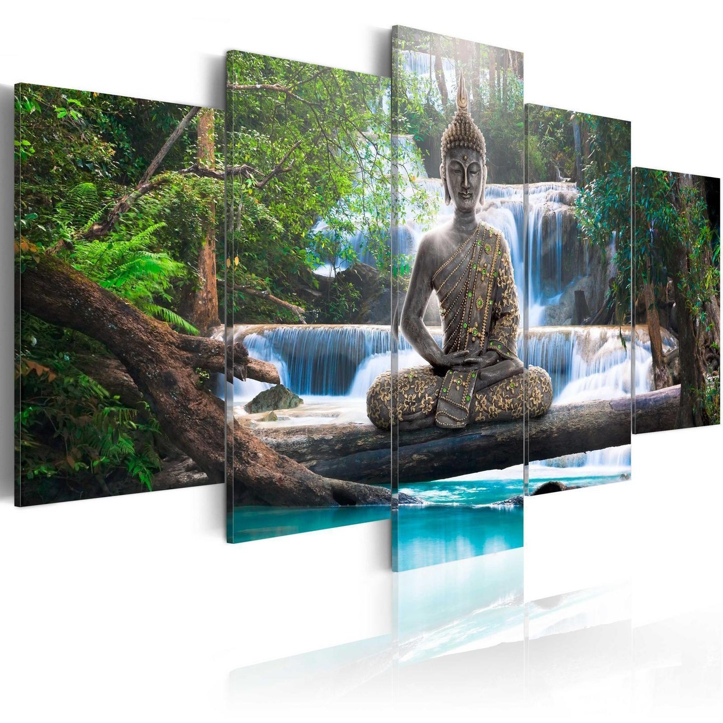 Leinwandbild Wasserfall und Buddha – Harmonie & Zen für dein Zuhause
