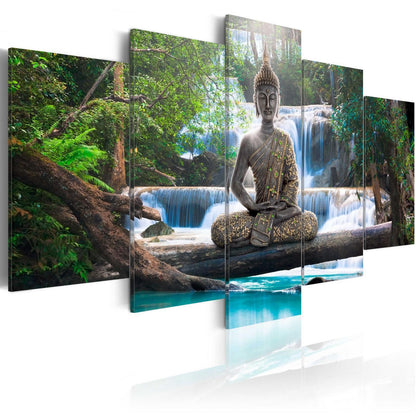Leinwandbild Wasserfall und Buddha – Harmonie & Zen für dein Zuhause