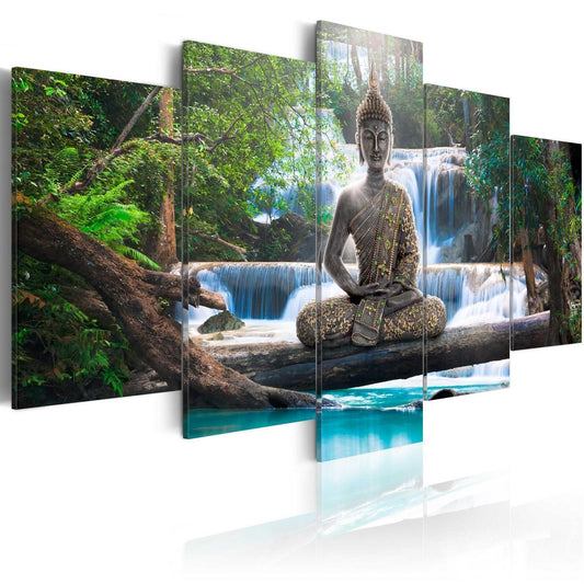 Leinwandbild Wasserfall und Buddha – Harmonie & Zen für dein Zuhause