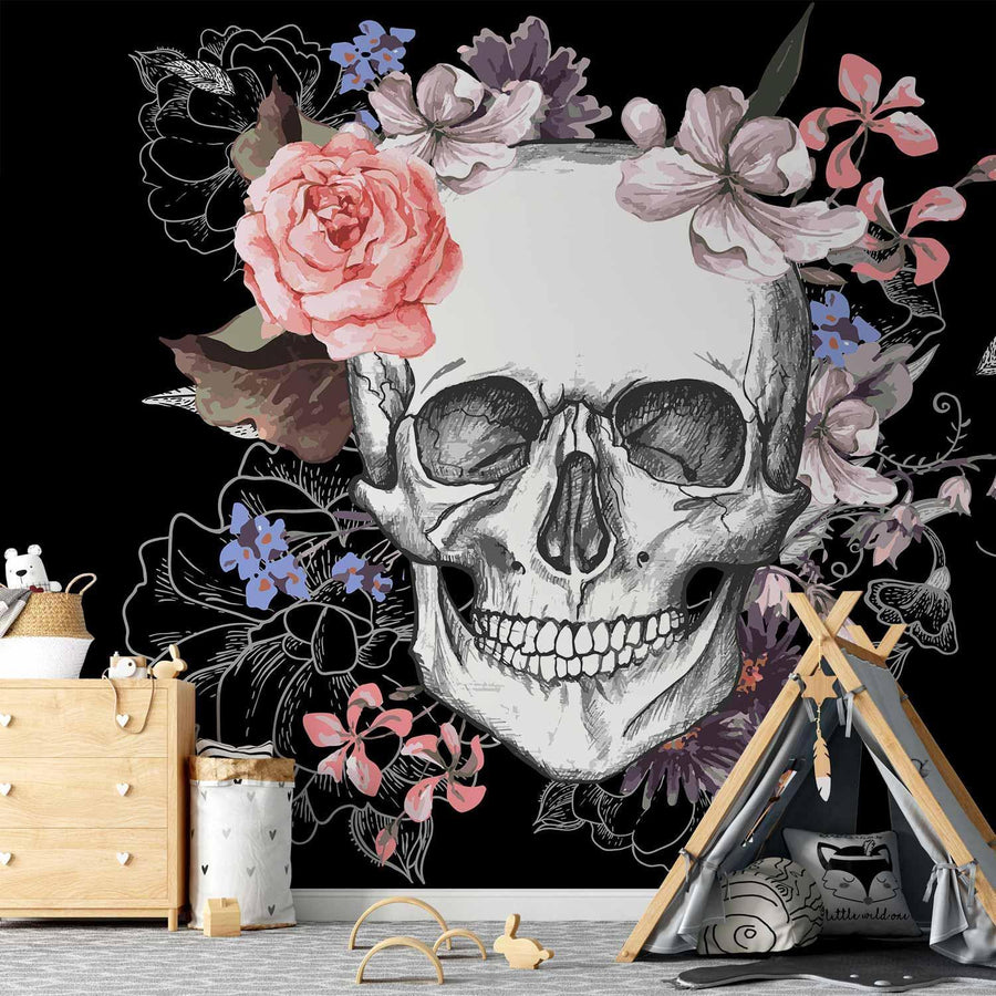 Fototapete Skull and Flowers – Schädel & Blumen in künstlerischem Kontrast