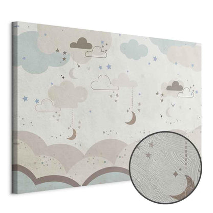 Leinwandbild - Cloudy Night Sky - Moons in Brown and Beige Hues Among Clouds and Numerous Little Stars on a Light Background